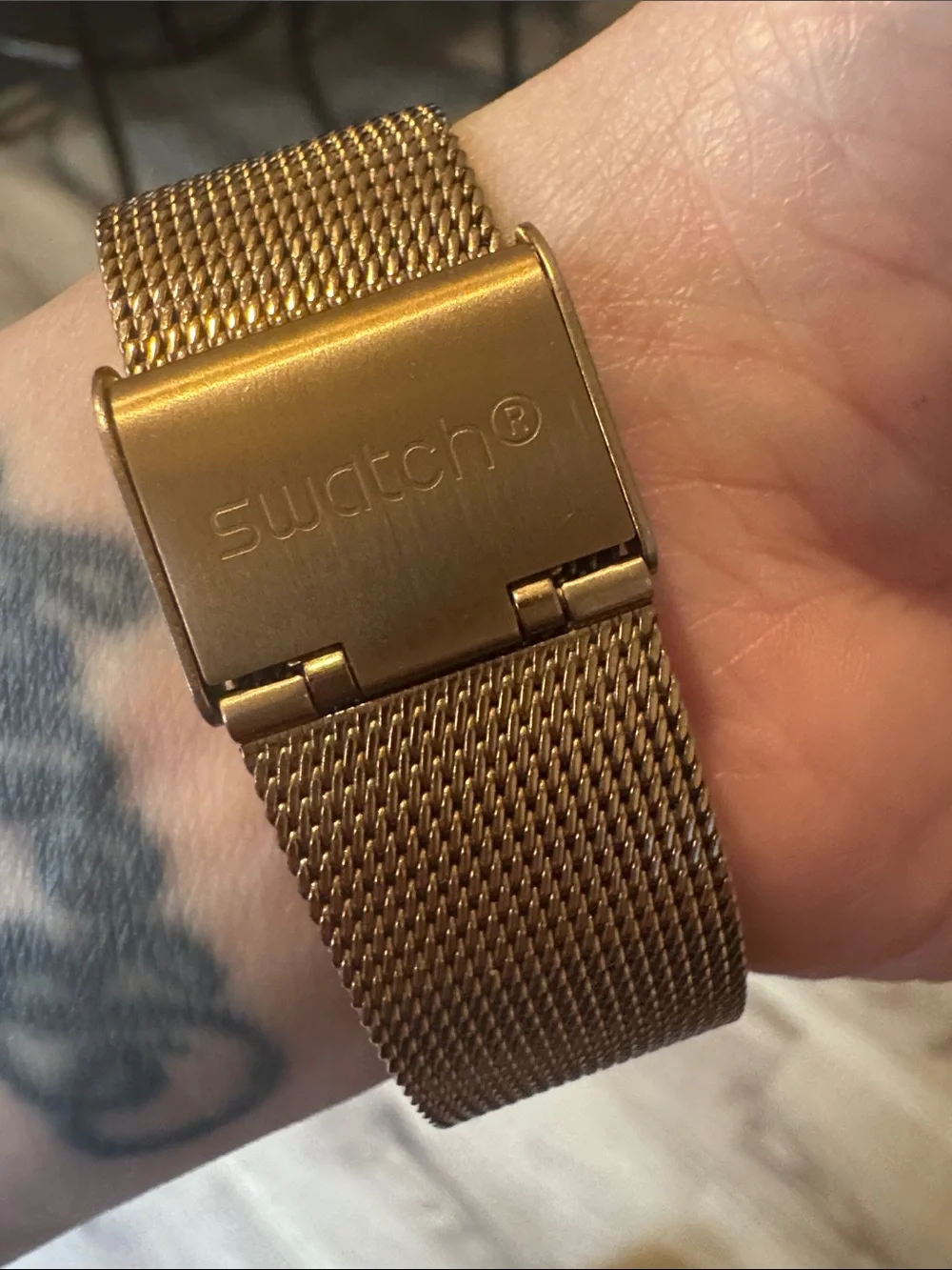 Swatch Rose Gold Mesh Strap Transparent Case Watch